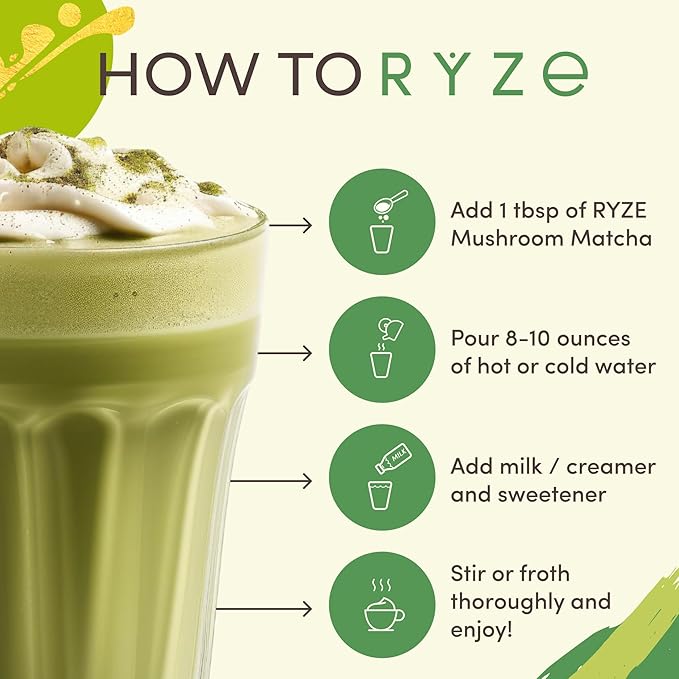 RYZE SUPERFOODS Mushroom Matcha, USDA Organic with 6 Adaptogenic Mushrooms and Ceremonial-Grade Matcha for Energy, Focus, Digestion, Immunity with Turkey Tail, Shiitake, Lion's Mane, 30 servings