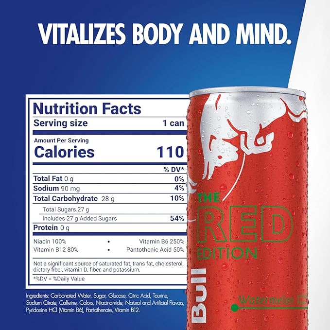 Red Bull Red Edition Energy Drink, Watermelon, with 114mg Caffeine plus Taurine & B Vitamins, 12 Fl Oz, 6 Packs of 4 Cans (Pack of 24)