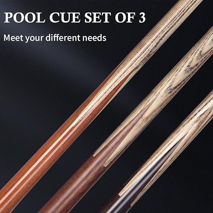Kmise Pool Cue Set of 3, 57-inch Cue Sticks with 9.5mm Pro Tips, Splicing Process, Handmade from Premium Wood, Pool Sticks for Adults, for Men and Women, Bar Home Taple Sports