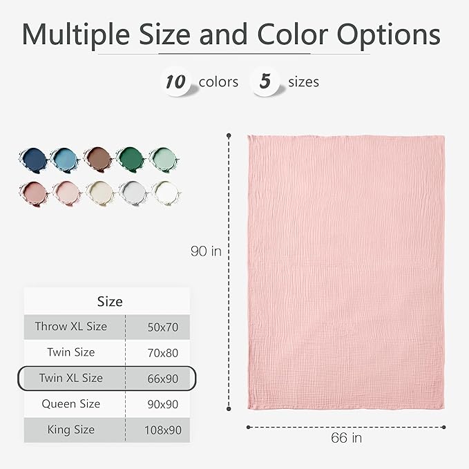 Carriediosa 100% Cotton Muslin Throw Blanket 66" X 90" Twin XL Size，4-Layers Summer Gauze Throws for Bed Couch，Soft Lightweight Breathable Linen Blankets Bedspread for Adults All Season，Dusty Pink