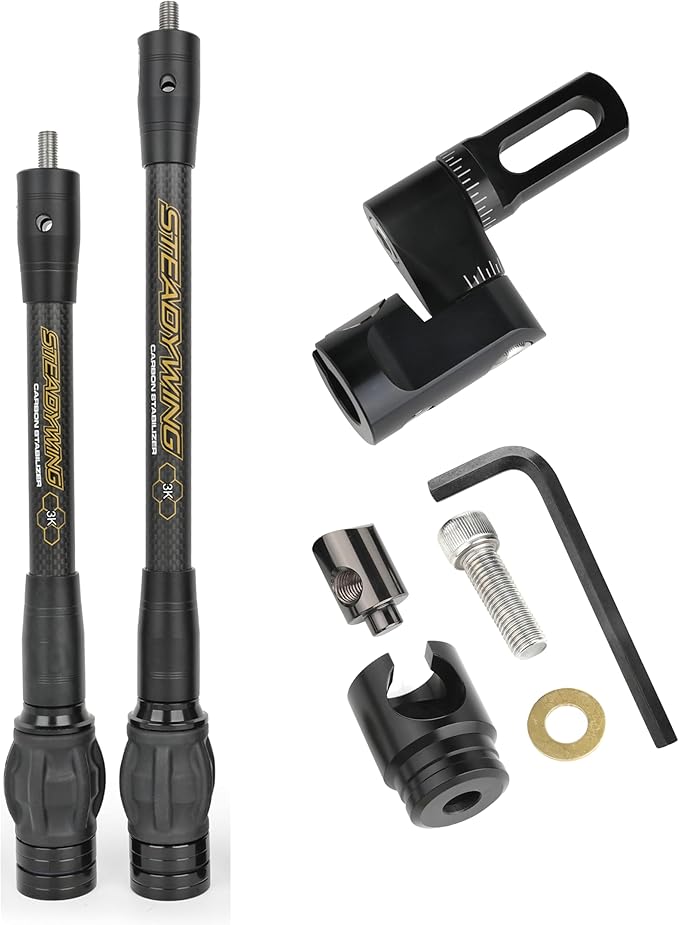 AMEYXGS Archery Bow Stabilizer for Compound Bow, 3K Carbon Fiber 6", 8", 10", 12" 15" Rods, Damping System, Weights Kit, Single Side V-Bar Mount,Quick Disconnect