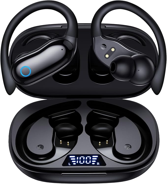 GNMN Active Noise Cancelling Ear Buds Wireless Earbuds 96hrs Playback Bluetooth Headphones IPX7 Waterproof Stereo Bass Over-Ear Earphones with Earhooks Microphone LED Battery Display for Sports/Gym
