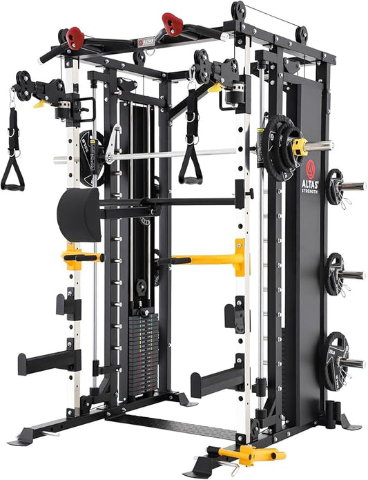 Altas Strength Light Commercial Smith Machine Home Gym with Pulley System Squat Rack Pull-Up Bar Total Body Cage Workout Equipment Tower Weight Lifting Leg Press Strength Training 3087B