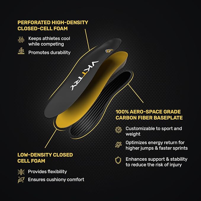 VKTRY Gold for Non-Cleated Shoes - Carbon Fiber Performance Insoles - Customized Athletic Inserts for Sports Basketball Volleyball Running & More | Shock Absorption US M9.5-10, W11.5-12, 171-220lbs
