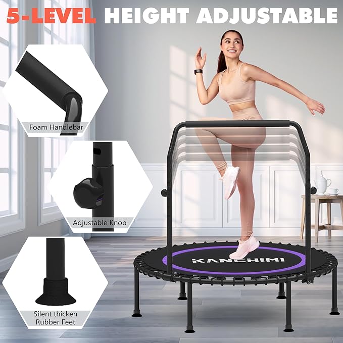 Kanchimi 550 LBS Foldable Mini Trampoline, 40" Fitness Trampoline Without armrests/U Shape Adjustable Foam Handle, Stable&Quiet Exercise Rebounder for Adults Indoor/Outdoor Workout