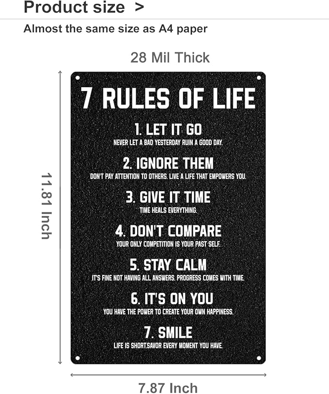 ALKB Inspirational Metal Sign for Teen Bedroom Decor - Motivational Wall Decor for Bedroom Office Girls, Boys, Teenager - 7 Rules of Life 8x12 Inch