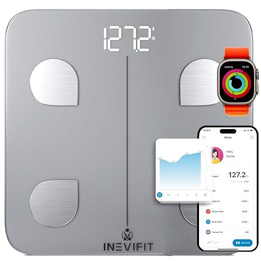 INEVIFIT Smart Body Fat Scale, Highly Accurate Bluetooth Digital Bathroom Body Composition Analyzer, Measures Weight, Body Fat, Water, Muscle, Visceral Fat & Bone Mass for Unlimited Users (Silver)