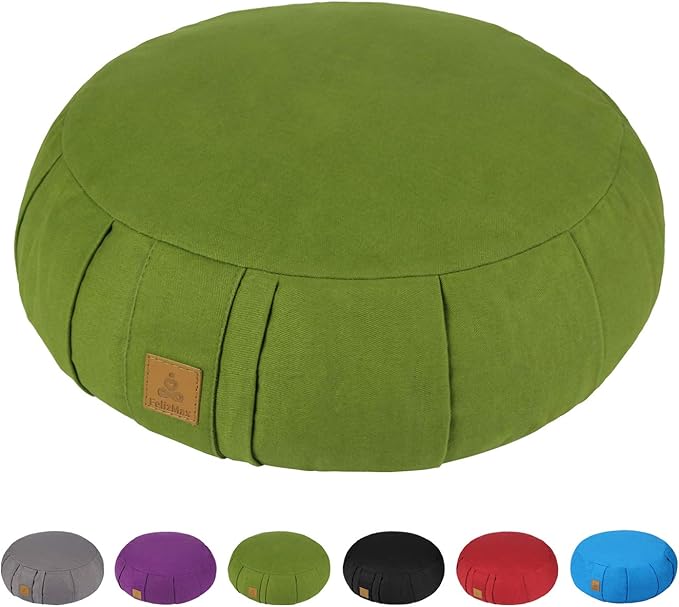 Round Zafu Meditation Cushion, D=15" H=5.5" Zabuton Meditation Pillow, Yoga Bolster/Pillow, Floor seat, Zippered Organic Cotton Cover, Natural Buckwheat, Kneeling Pillow