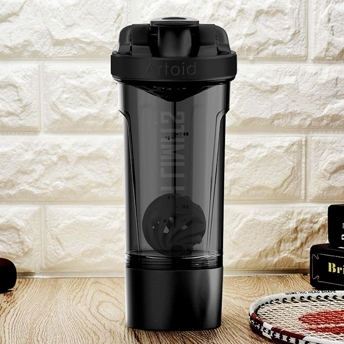 Artoid Mode Inspirational Fitness Workout Sports Protein Shaker Bottle 24-Ounce, Dual Mixing Technology with Shaker Balls & Mixing Grids Included, Twist and Lock Protein Box Storage Included