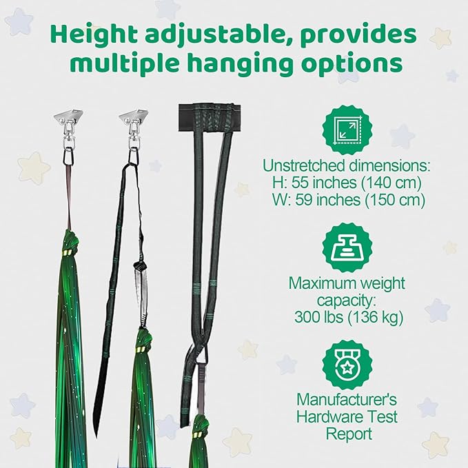Double Layer Sensory Swing for Kids & Adults Holds up to 300lbs Indoor and Outdoor Therapy Cuddle Swing with 360° Swivel Hanger Kit Adjustable Swing with Aspergers Autism ADHD (Aurora Green)