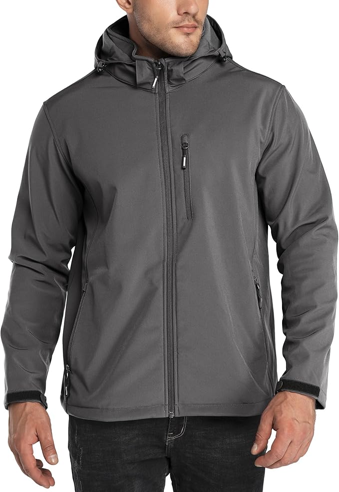 Outdoor Ventures Men's Lightweight Softshell Jacket Fleece Lined Hooded Water Resistant Winter Hiking Windbreaker Jackets