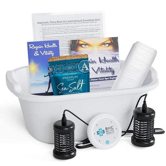 Ionic Foot Bath Detox Machine for Home Use - Free Regain Health & Vitality Booklet & Brochure - 2 Arrays, 20 Basin Liners, Detox Sea Salt, Basin 12QT