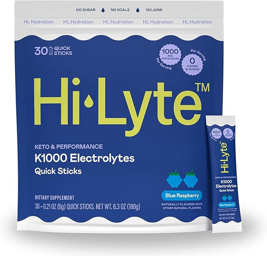 Hi-Lyte Keto & Performance - K1000 Electrolyte Quick Sticks - Blue Raspberry - 1000mg Potassium, Magnesium, Calcium - Single-Serve Packets for Keto Hydration Support - No Sugar, No Carbs