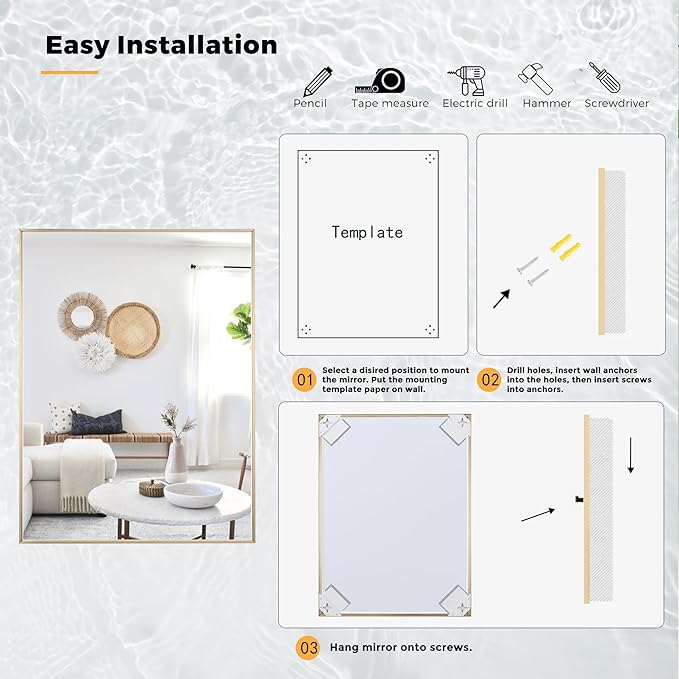 20x36 Inch Brass Bathroom Mirror for Wall, Aluminum Frame Rectangle Rectangular Vanity Mirror, Modern Large for Bedroom, Living Room, Horizontal or Vertical