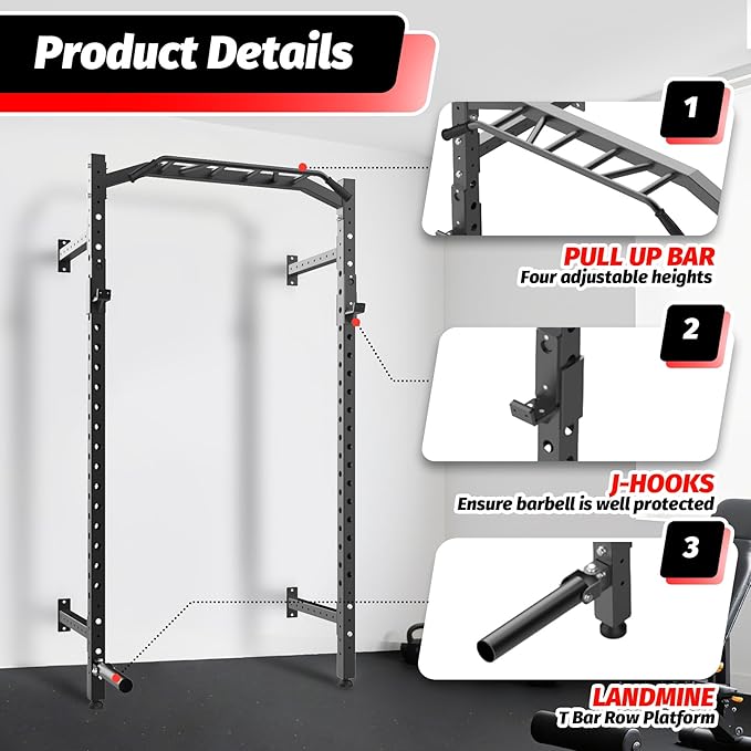 1600LB Wall Mounted Power Rack, Commercial Squat Rack for Home Gym with Multi-Grip Pull Up Bar, j-Cups & Landmine Attachment for Home and Garage Gym