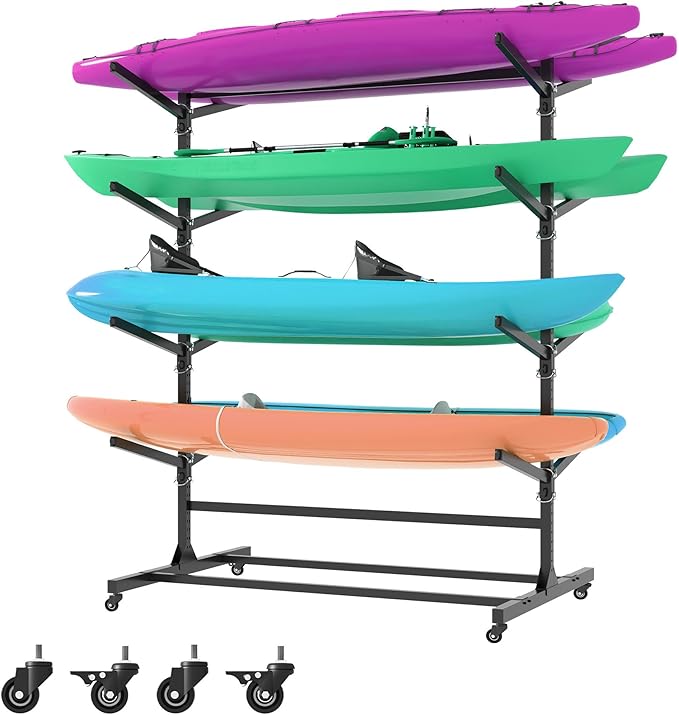 Kayak Storage Rack, Heavy Duty Kayak Stand Canoe Rack with Wheels, Freestanding Kayak Holder Stand for Kayaks, Canoes, Surfboard, Paddleboard Storage