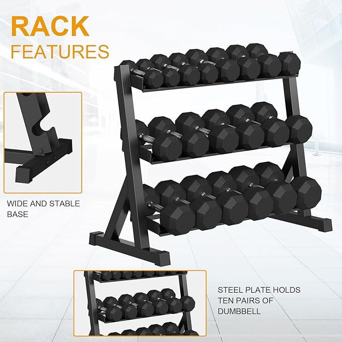 Premium Rubber Coated Hex Dumbbell Weight Set with Rack, Multiple Packages,210LB/350LB/450LB/550LB Set for Home Gym, Hand Weights for Muscle Toning, Strength Building & Full Body Workout