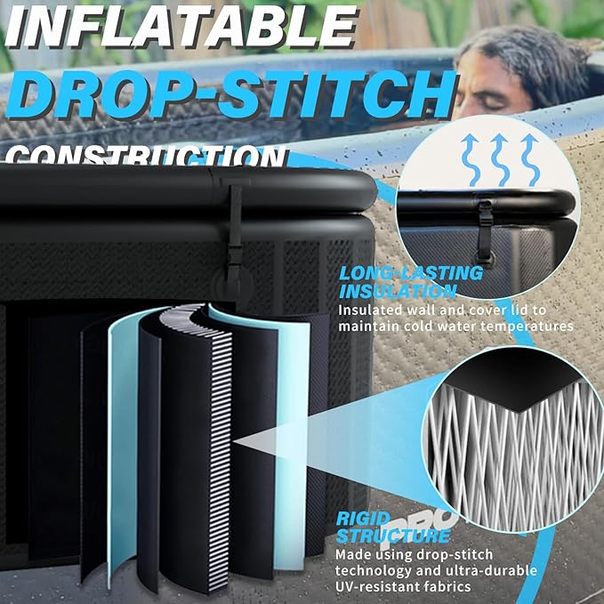 Inflatable Ice Bath Tub for Athletes - Cold Plunge Tub Compatible Water Chiller, Insulated Lid, EVA Groundsheet, Backpack, 115 Gallon, 59" L x 31.5" W x 23.6" H