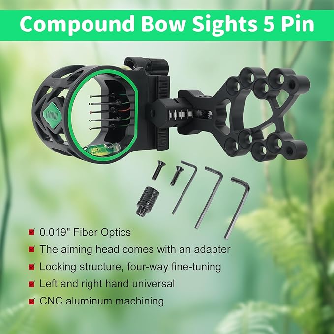 Archery 5-Pin Bow Sight - 0.019" Fiber, Brass Pin, Aluminum Machined - Right and Left Handed, with Hi-Vis Level for Archery, Hunting, Shooting