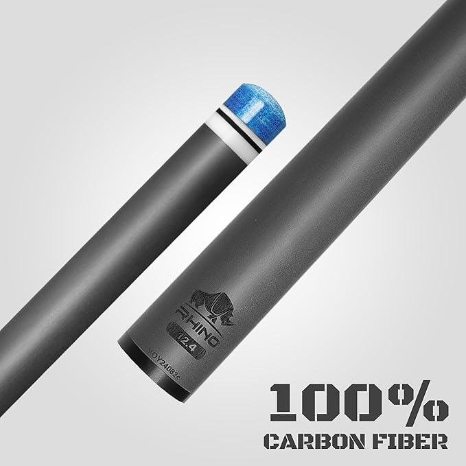 RHINO Nebula 2 Pool Cue - 100% Carbon Fiber Shaft & Composite Butt. Time Crystal Tip, Pro Taper Design, 12.4 mm,12.8 mm. 3/8-8 Joint, 3D Friction Grip. Low Deflection Pool Cue