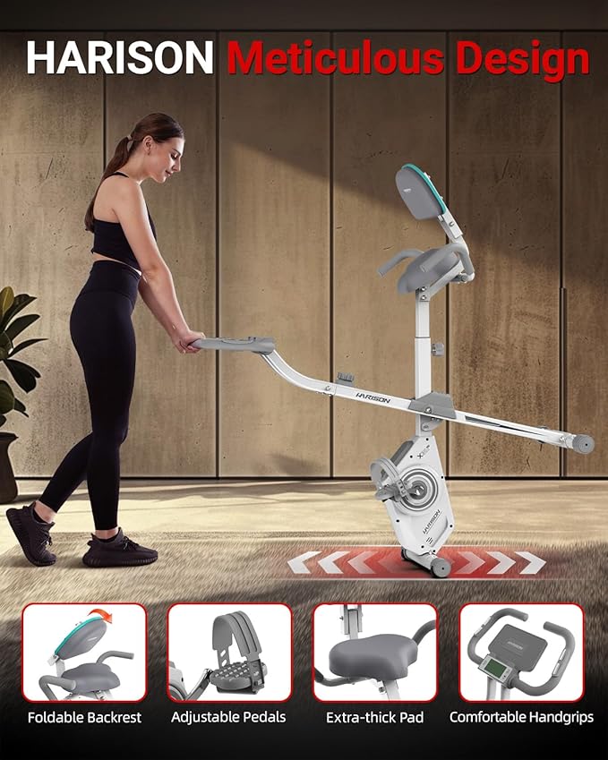 HARISON Folding Exercise Bike 350 LBS Capacity, 5 in 1 Bluetooth Stationary Bikes for Home with 16-Level Resistance and Arm Resistance Bands, Magnetic X-Bike with LCD Monitor & Back Support (HR-X3LWhite)