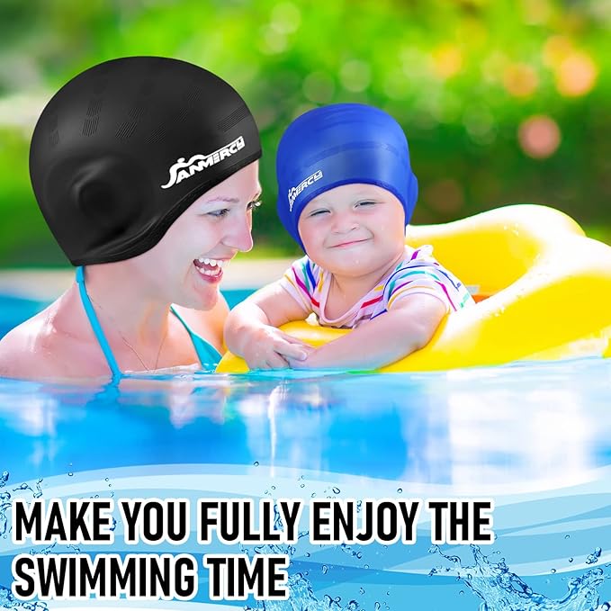 Janmercy 3 Pcs Swim Caps for Boys Girls Silicone Swimming Hat with 3D Ear Pockets for Age 6-15 Bath Hats Short/Long Hair with Ear Plug Nose Clip Supplies