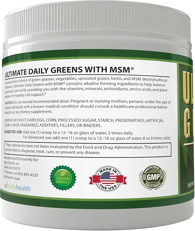 Ultimate Greens with MSM Powder, Vegan Friendly Natural Ingredients Gluten Soy Free NO GMO Superfood Vegetable Nutritional Drink Alkalizing Energy 8oz 6 Pack (6 Month Supply)