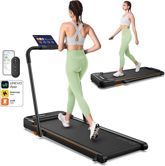 UREVO Strol 2E Smart 2-in-1 Folding Treadmill, Compact Walking Pad with Safety Handle, Plug and Play, Dual LED Display, Workout APP, Walking or Running for Home Office, Remote Included