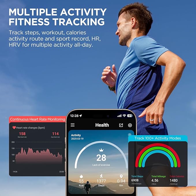 Fitness Tracker, Smart Ring for Women Men, Fitness Ring with Sleep Tracker, 24/7 Heart Rate Monitor, Health Activity Trackers, Step Counter,Calorie Pedometer,No Subscription,for iOS Android(Black,#8)