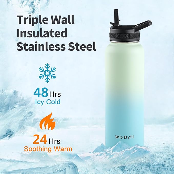 40 oz Insulated Water Bottle with Straw (Cold for 48 Hrs), Stainless Steel Triple Wall Vacuum Sports Water Jug, Leakproof Hydro Cup Flask with Paracord Handle & Straw Spout Lids & DIY Stickers
