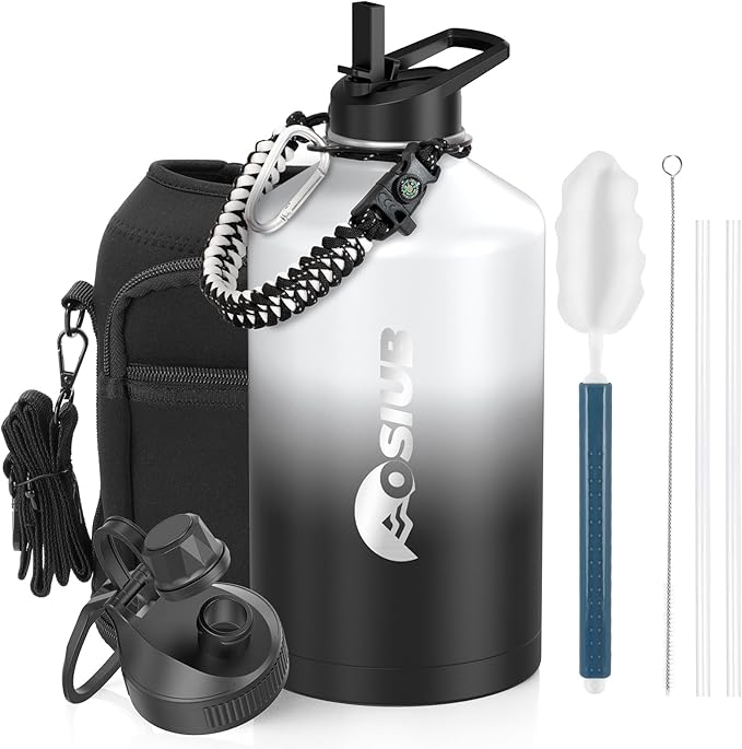 Insulated Water Bottle 128 oz, Triple Wall Vacuum Stainless Steel(Cold for 48 Hrs),Leak Proof & BPA-Free,One Gallon Water Bottle with Reflective Paracord & Flip Straw for Sports & Travel, DarkGray