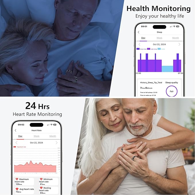 Thin Smart Ring for Fitness & Health Tracking -Heart Rate/Blood Oxygen Monitor, 5ATM Waterproof, Sleep Analysis, Pedometer -No APP Subscription Compatible with Smartphone (Black, 8)