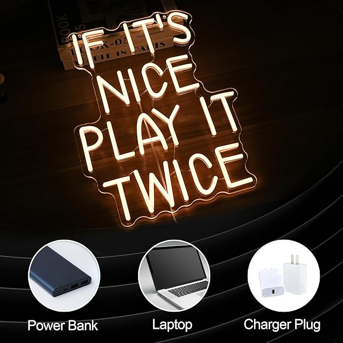 If It’s Nice Play It Twice Neon Sign Warm White Nice LED Light Up Sign for Wall Decor Dimmable USB Powered Letters Neon Light for Game Room Living Room Bar Decor