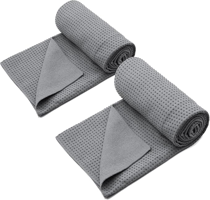 Eunzel 2 Pack Yoga Towel,Hot Yoga Mat Towel with Grip Dots Sweat Absorbent Non-Slip for Hot Yoga, Pilates and Workout 24" x72，Dark Grey (2 Pack)