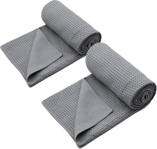 Eunzel 2 Pack Yoga Towel,Hot Yoga Mat Towel with Grip Dots Sweat Absorbent Non-Slip for Hot Yoga, Pilates and Workout 24" x72，Dark Grey (2 Pack)