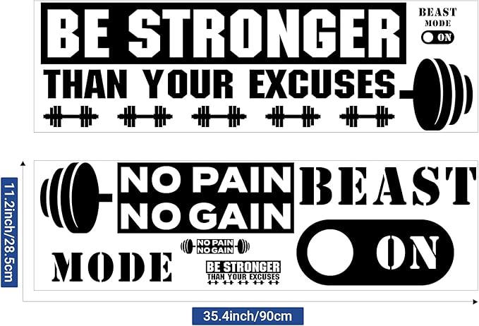 Zonon 3 Pieces Gym Wall Decal, Be Stronger Than Your Excuses, No Pain No Gain Beast Mode Inspirational Quotes Vinyl Wall Art Fitness Exercise Wall Sticker for Gym Office Home Decor