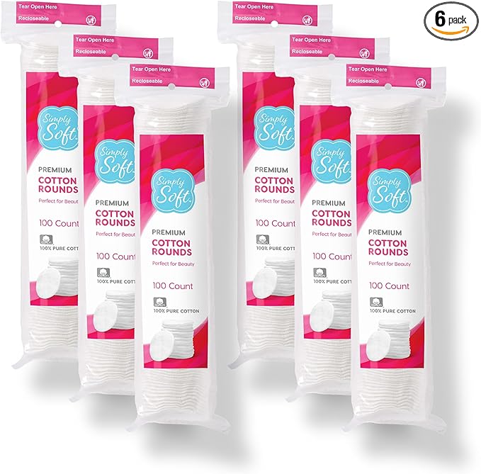 Simply Soft Premium Cotton Rounds, 100% Pure Cotton, Absorbent Cotton Pads, 100 Count (Pack of 6)