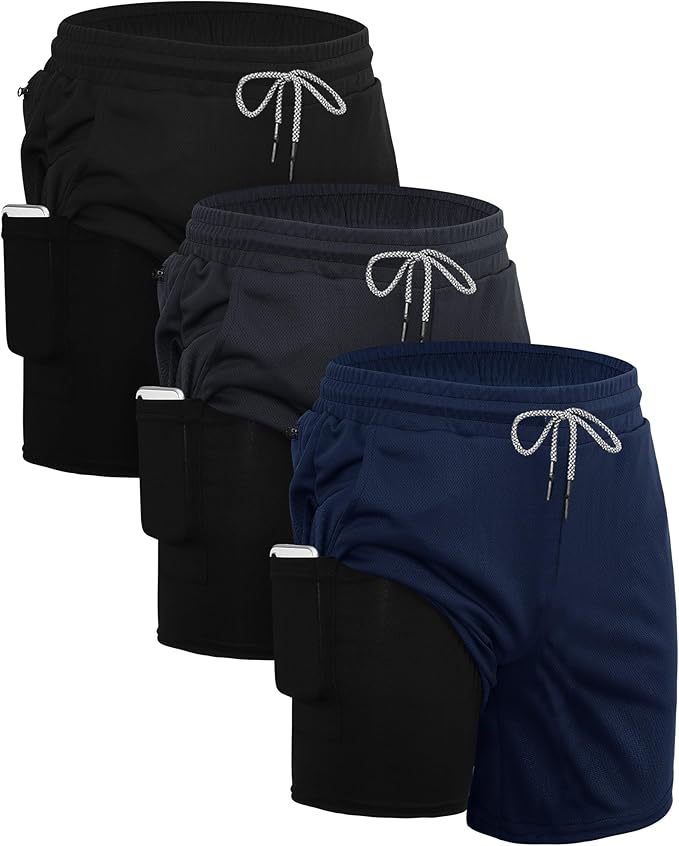 Sureio 3 Pcs Men's 2 in 1 Running Shorts 7 Inch Quick Dry Athletic Workout Shorts with Liner Phone Pockets Towel Loop