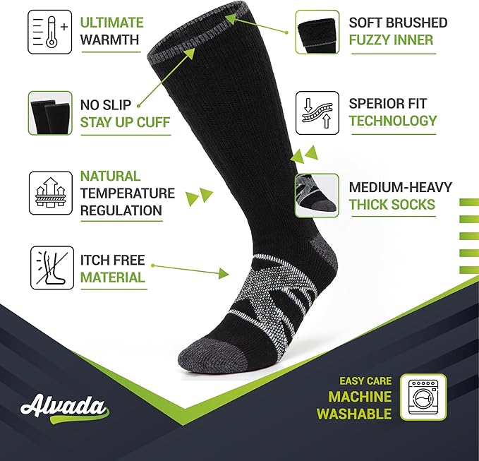 Alvada Merino Wool Hiking Socks Thermal Warm Crew Winter Boot Sock For Men & Women 3 Pairs