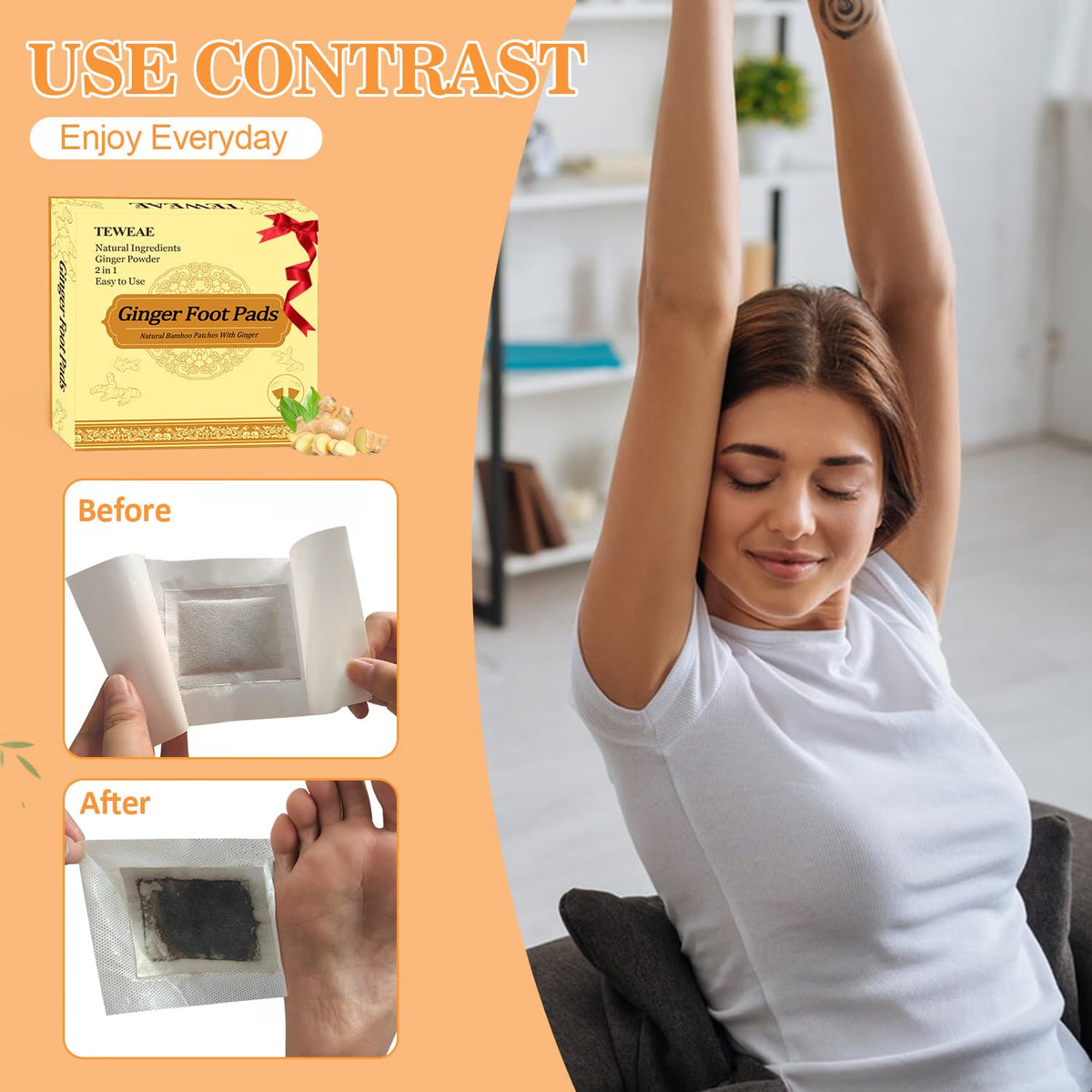 2 in 1 Foot Pads, 30 Pads Tear and Use Pure Ginger Bamboo Wormwood Foot Pads, Bigger Adhesive ''Stay in Place'' Goodnight Pads