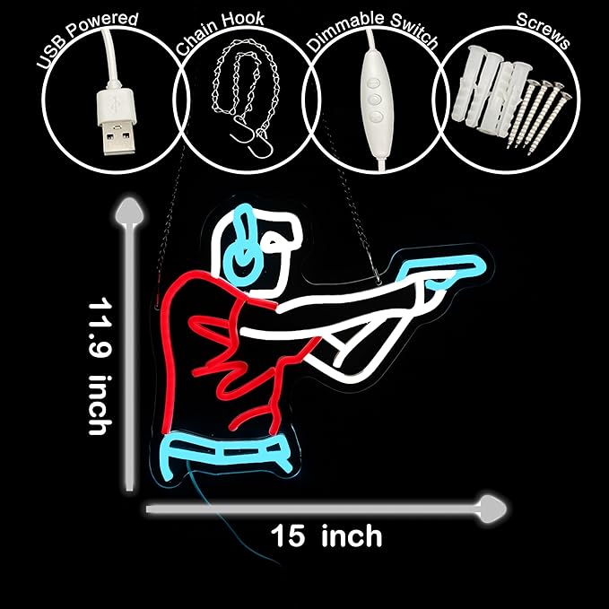 Man Shooting Neon Sign Gun Led Light Up Sign Game Player Gifts Dimmable Shooting Decor for Gun Club Decor Man Cave Game Room 15"×11.9"