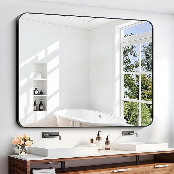 40" x 48"Bathroom Mirror, Matte Black Wall Mirror with Metal Frame, Decorative Rectangular Vanity Mirror for Bedroom Bathroom Living Room Entryway (Horizontal/Vertical)