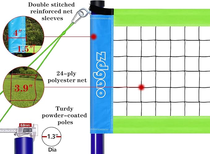 Outdoor Portable Volleyball Net System - Adjustable Height Poles with Soft Volleyball Ball, Pump, Hammer, Boundary Line, and Carry Bag for Backyard, Beach, Lawn