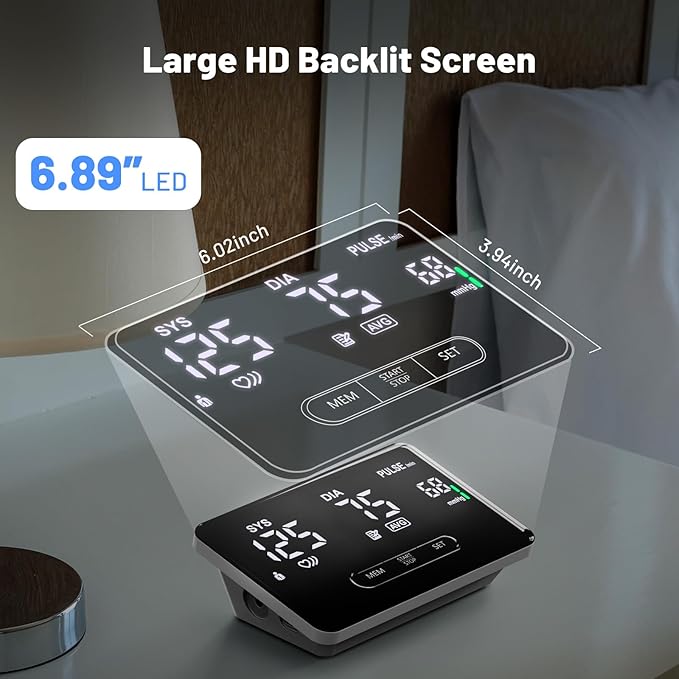 Smart Blood Pressure Monitor for Home Use, Bluetooth Upper Arm BP Machine with Large Cuff 8.66-16.54”, Accurate Digital Monitors 2x199 Readout, 6.89 inch Backlit LED Screen, Work with APP