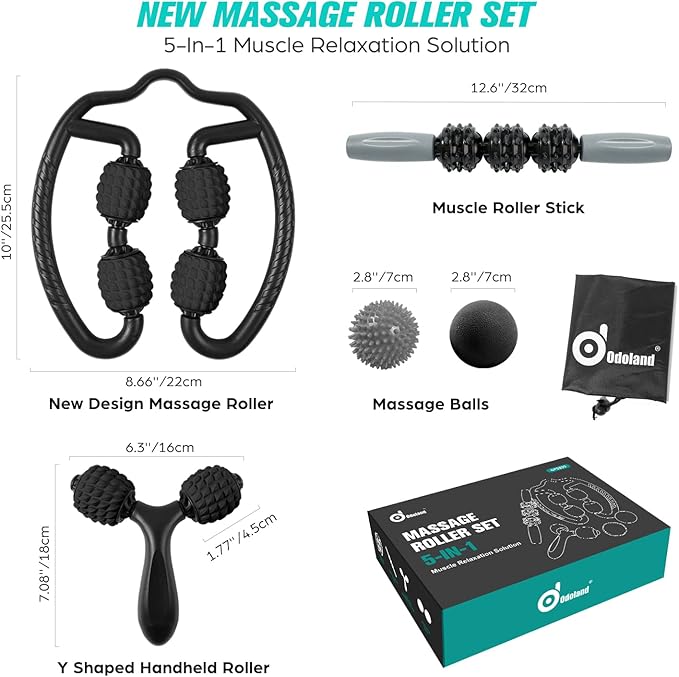 Odoland Foam Roller Set with 360° Trigger Point Massage Roller, Muscle Roller Stick, Y Shaped Handheld Roller, 2 Massage Ball for Leg, Arms, Muscle Myofascial and Deep Tissue Pain Relief, Black