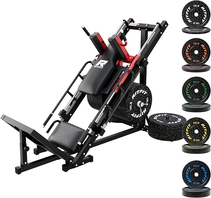 RitFit Adjustable Leg Press and Hack Squat Machine with Weight Plate Set, Professional Home Gym Equipment with Linear Bearings, Specialized for Complete Lower Body Workouts and Weight Storage Posts