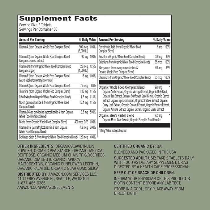 Amazon Elements Organic Whole Food Men's Multi, 60 Tablets (Pack of 2)
