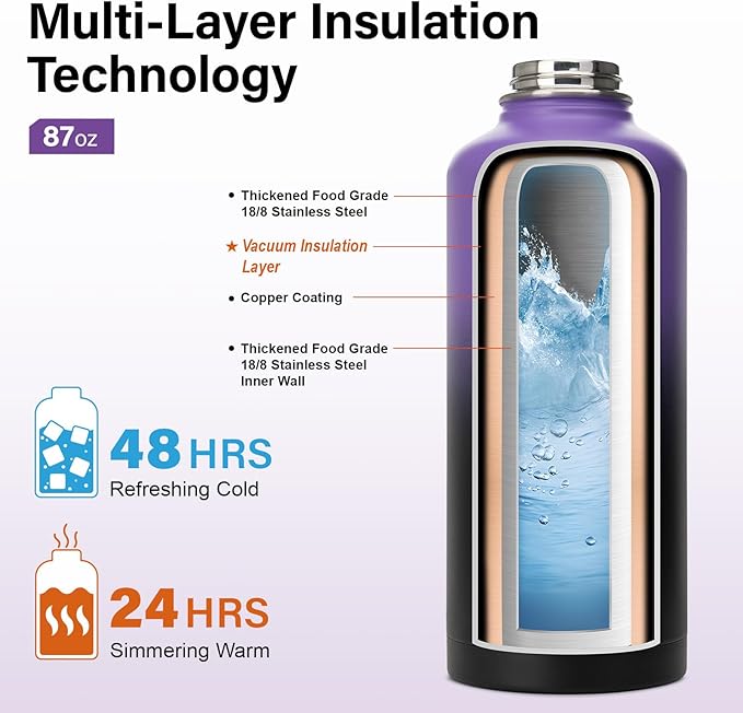 Insulated Water Bottle | Thickened Stainless Steel for Gym and Hiking with Straw, Carrier Bag, Handle Strap | BPA-Free 87 oz