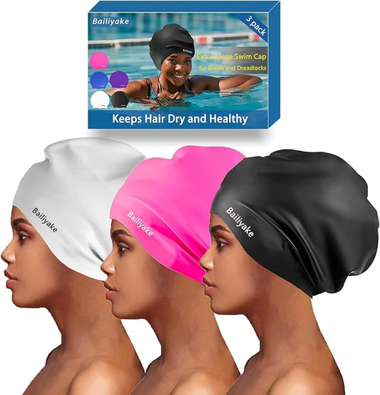 3 Pack Extra Large Swim Cap for Braids & Dreadlocks - Waterproof Silicone Swim Hat for Women with Long Thick Hair, Protective Swim Cap Cover Ears for Swimming, Shower, Bathing