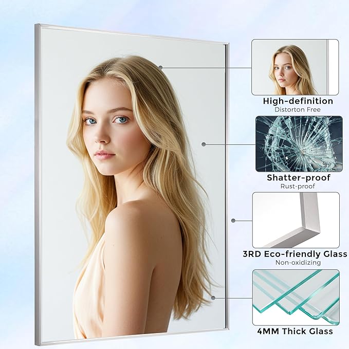 30x40 Inch Nickel Bathroom Mirror for Wall, Aluminum Frame Rectangle Rectangular Vanity Mirror, Modern Large for Bedroom, Living Room, Horizontal or Vertical